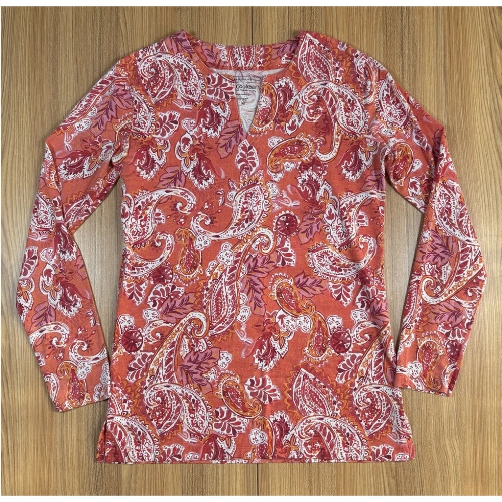 Coolibar UPF 50+ Paisley Long Sleeve Top Wmns XS Coral Sun Beach Outdoor Active